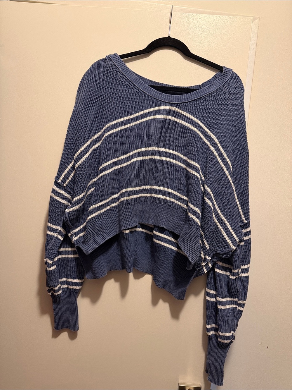 aerie Blue and White Striped Cropped Crewneck Sweater